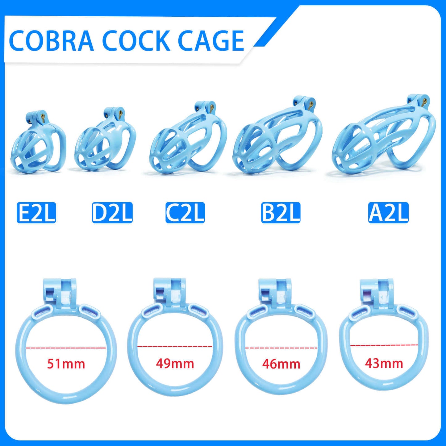 Kit de cage de chasteté Cobra à rayures bleues de 1,77 à 4,13 pouces de long 