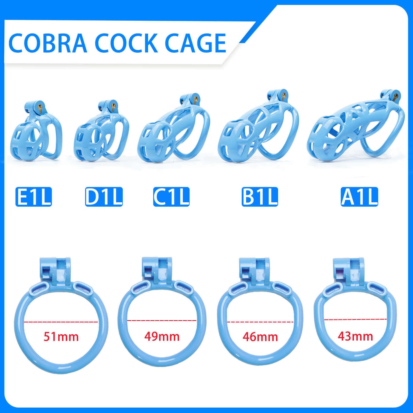 Kit de cage de chasteté Blue Cobra (1,77 à 4,13 pouces) avec 4 anneaux d'arc