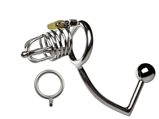 Metal Chastity Cage with Butt Plug and Urethral Catheter