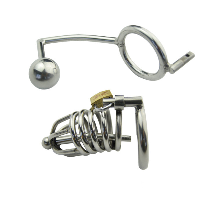 Metal Chastity Cage with Butt Plug and Urethral Catheter