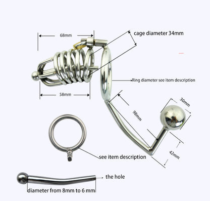 Metal Chastity Cage with Butt Plug and Urethral Catheter