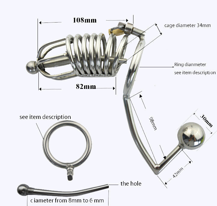 Metal Chastity Cage with Butt Plug and Urethral Catheter