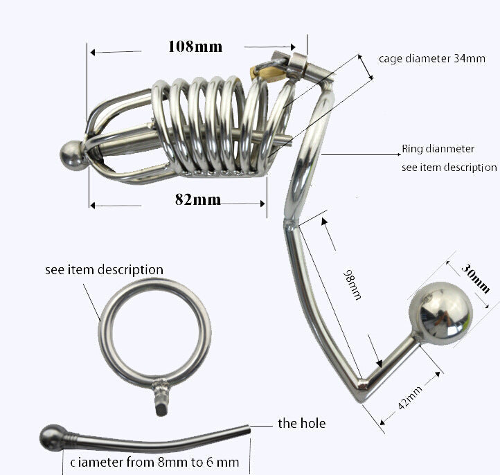 Cage de chasteté en métal avec plug anal et cathéter urétral