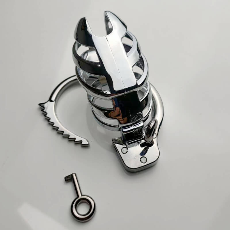 Adjustable Metal Male Chastity Cage with Handcuff Design