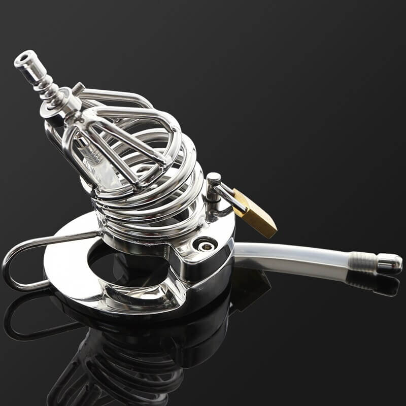 Stainless Steel Chastity Cage Ball Stretcher with Urethral Catheter Cock Cage